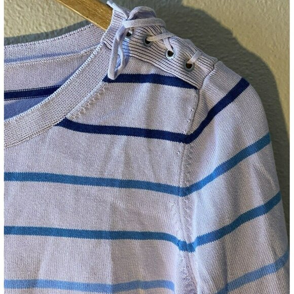 Talbots Knit Top Large Purple Blue Striped Lace Shoulder 3/4 Rolled Cuff Sleeve - Picture 5 of 9